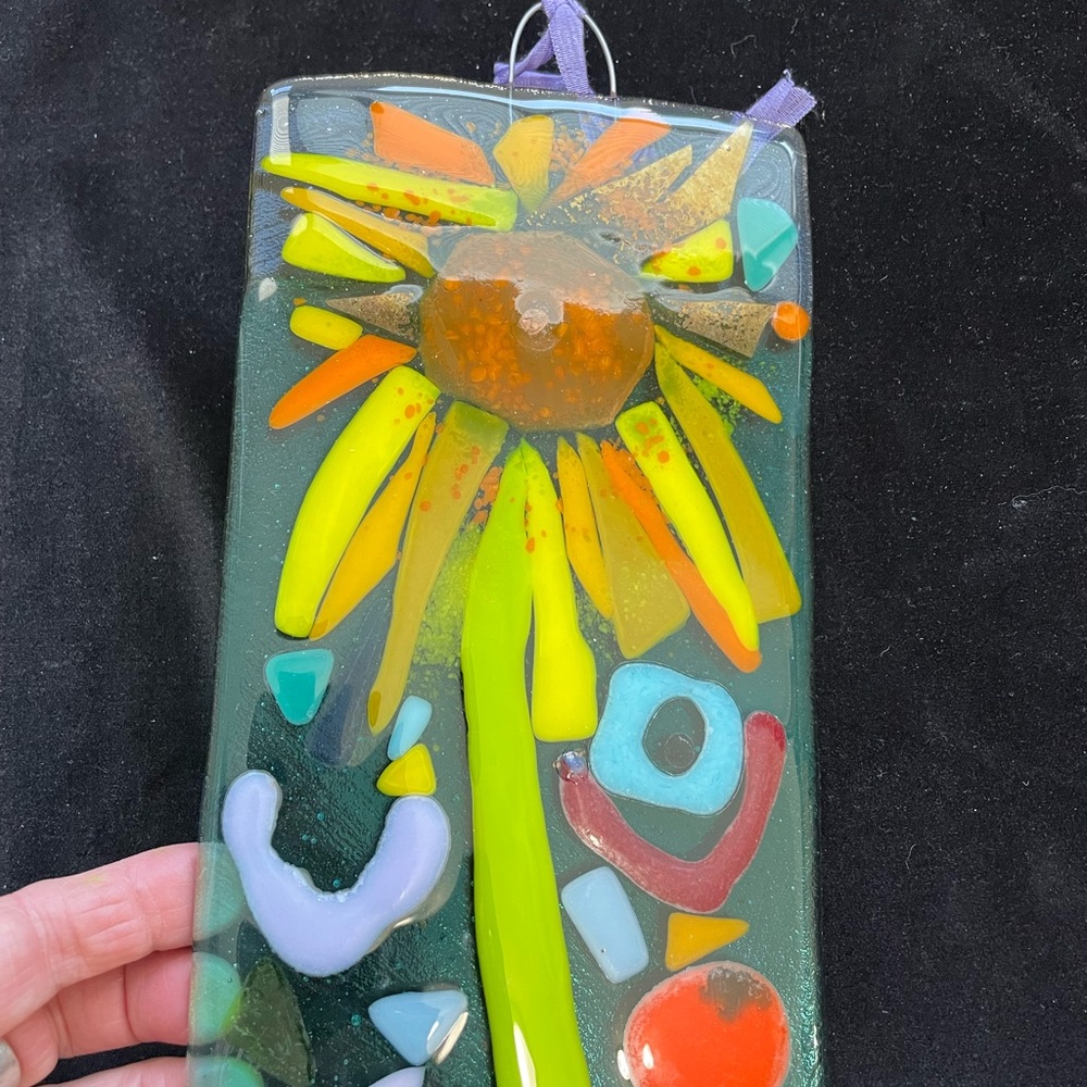 “Sunflower On Aqua “Fused Art Glass  Handmade HangingPlaque 8.5”x5”Original